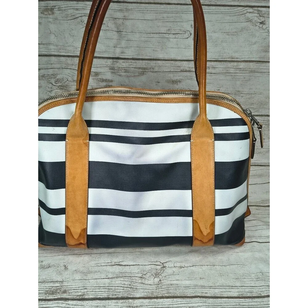 COACH Bleecker Striped Preston Satchel F30173 Black White Leather Trim Vintage